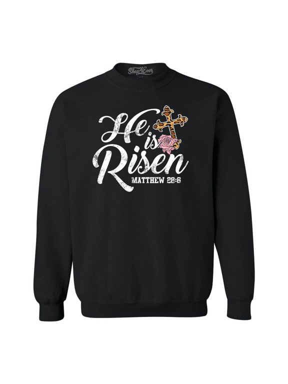 Men's He is Risen Matthew 28:6 Christian Bible Verse Easter Crewneck Sweatshirt Medium Black