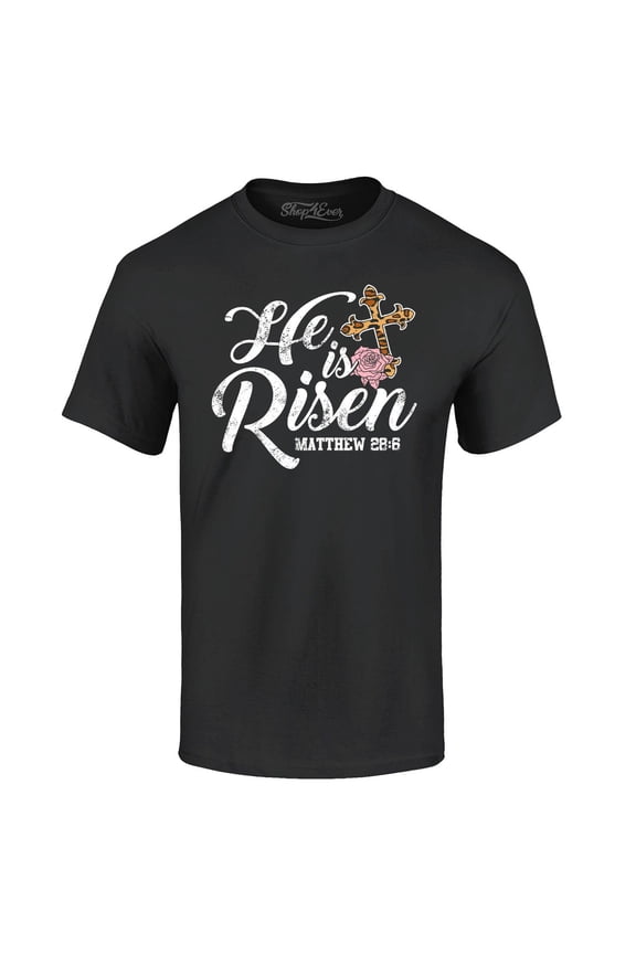 Men's He is Risen Matthew 28:6 Christian Bible Verse Easter Graphic T-shirt Large Black