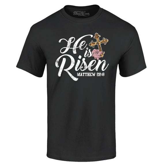 Shop4Ever Men's He is Risen Matthew 28:6 Christian Bible Verse Easter Graphic T-shirt XXX-Large Black