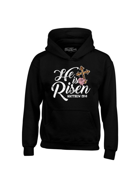 Men's He is Risen Matthew 28:6 Christian Bible Verse Easter Hooded Sweatshirt Hoodie Medium Black