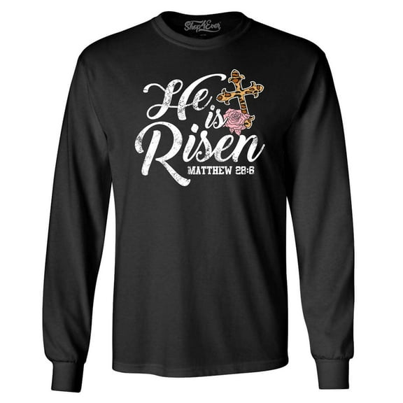 Shop4Ever Men's He is Risen Matthew 28:6 Christian Bible Verse Easter Long Sleeve Shirt Medium Black