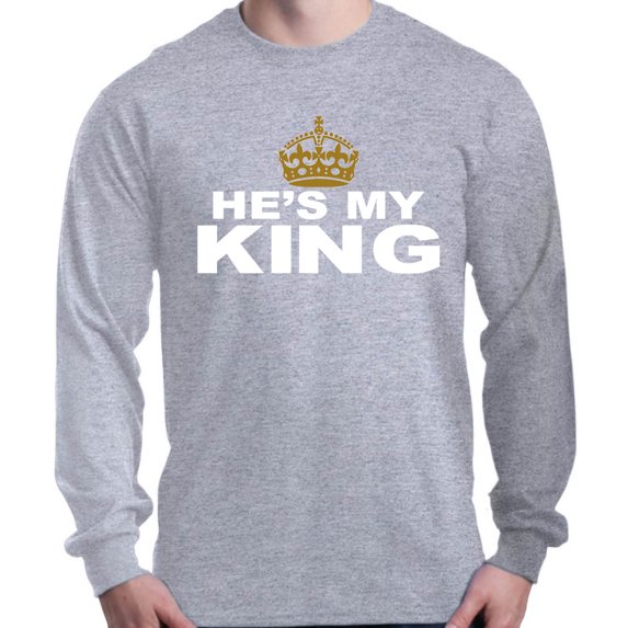 Shop4Ever Men's He's My King Matching Couples Long Sleeve Shirt XX-Large Sports Grey