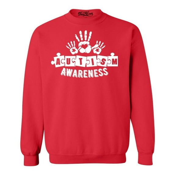 Shop4Ever Men's Heart Handprints Autism Awareness Puzzle Pieces Crewneck Sweatshirt Medium Red