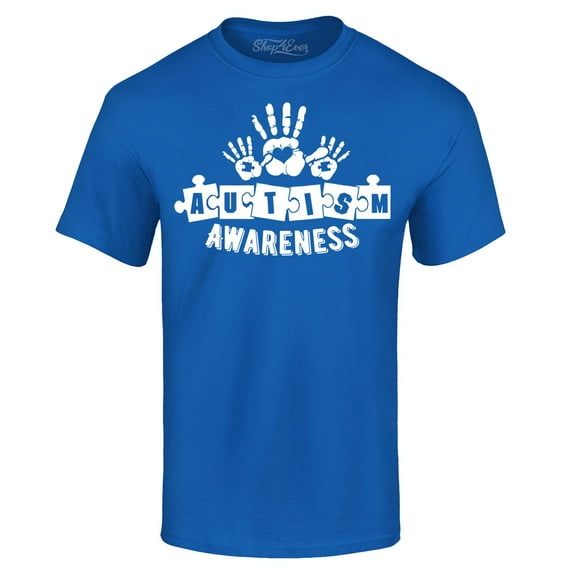 Shop4Ever Men's Heart Handprints Autism Awareness Puzzle Pieces Graphic T-shirt Medium Royal Blue