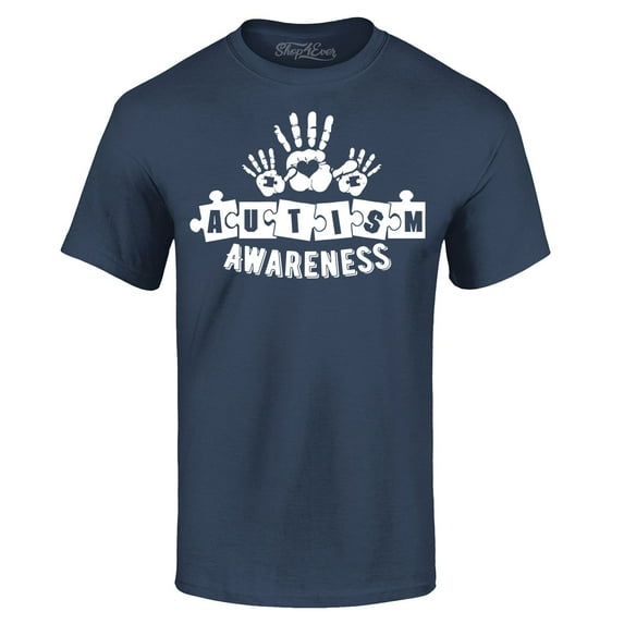 Shop4Ever Men's Heart Handprints Autism Awareness Puzzle Pieces Graphic T-shirt XXXX-Large Navy