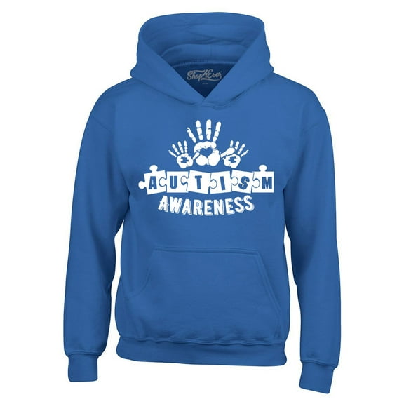 Shop4Ever Men's Heart Handprints Autism Awareness Puzzle Pieces Hooded Sweatshirt Hoodie Small Royal Blue