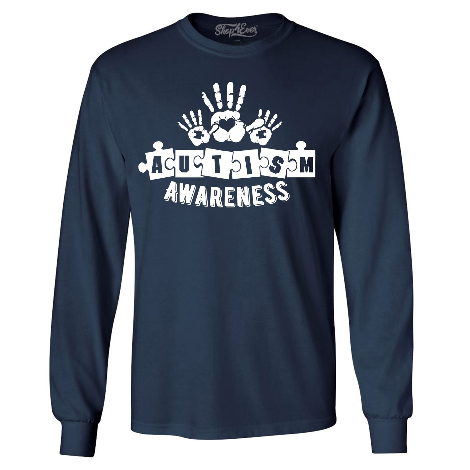 Shop4Ever Men's Heart Handprints Autism Awareness Puzzle Pieces Long Sleeve Shirt X-Large Navy