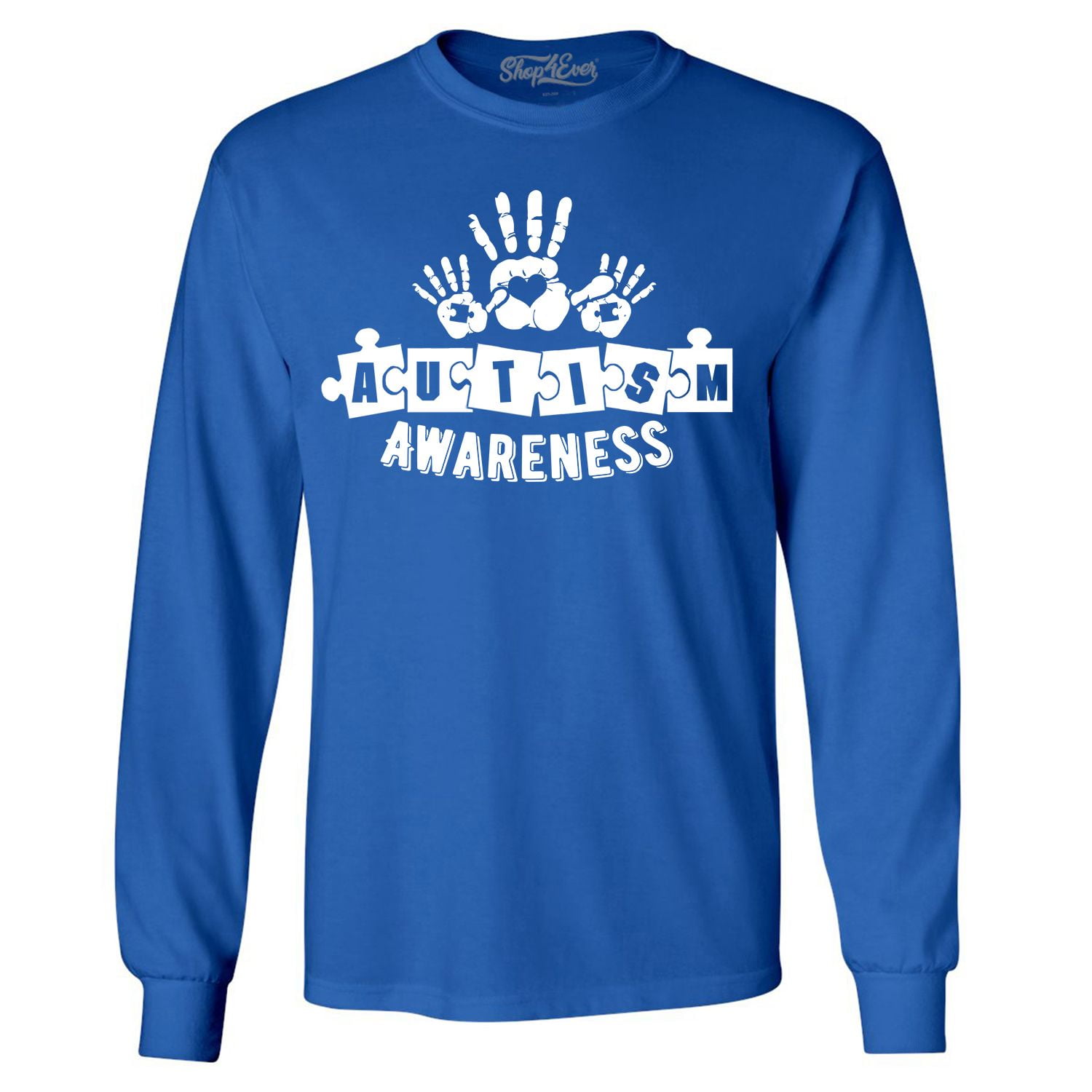 Shop4Ever Men's Heart Handprints Autism Awareness Puzzle Pieces Long Sleeve Shirt XXX-Large Royal Blue