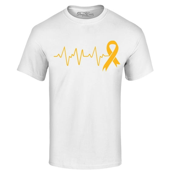 Shop4Ever Men's Heartbeat Gold Ribbon Graphic T-shirt X-Large White