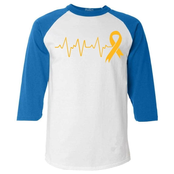 Shop4Ever Men's Heartbeat Gold Ribbon Raglan Baseball Shirt Small White/Blue