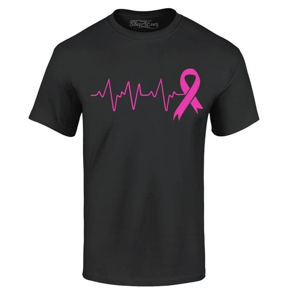 Shop4Ever Men's Heartbeat Pink Ribbon Breast Cancer Awareness Graphic T-shirt Medium Black