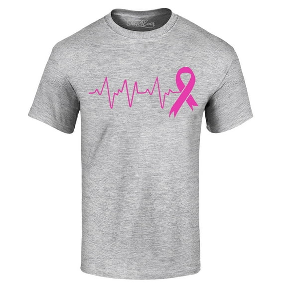 Shop4Ever Men's Heartbeat Pink Ribbon Breast Cancer Awareness Graphic T-shirt X-Large Sports Grey