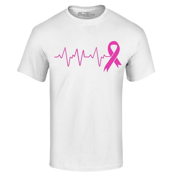 Shop4Ever Men's Heartbeat Pink Ribbon Breast Cancer Awareness Graphic T-shirt XXX-Large White