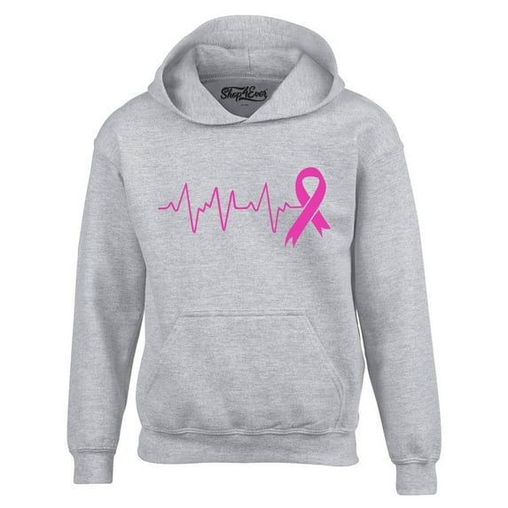 Shop4Ever Men's Heartbeat Pink Ribbon Breast Cancer Awareness Hooded Sweatshirt Hoodie Small Sports Grey
