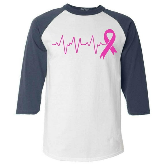Shop4Ever Men's Heartbeat Pink Ribbon Breast Cancer Awareness Raglan Baseball Shirt XX-LargeWhite/Navy