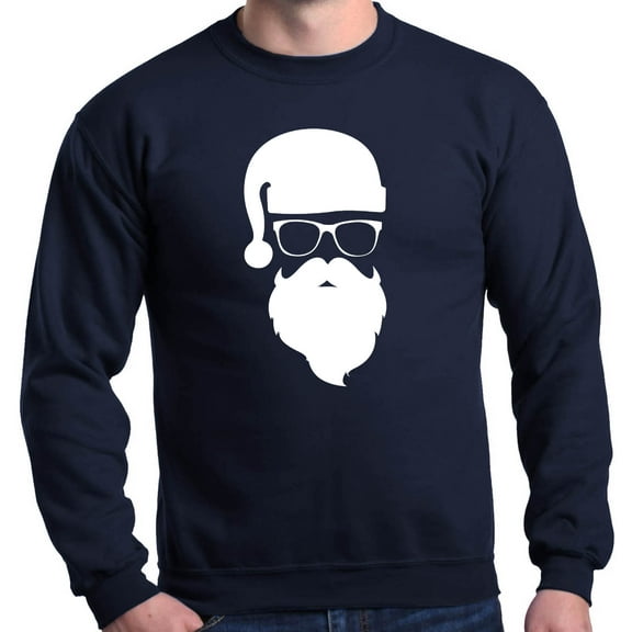 Shop4Ever Men's Hipster Santa with Glasses Christmas Crewneck Sweatshirt Medium Navy