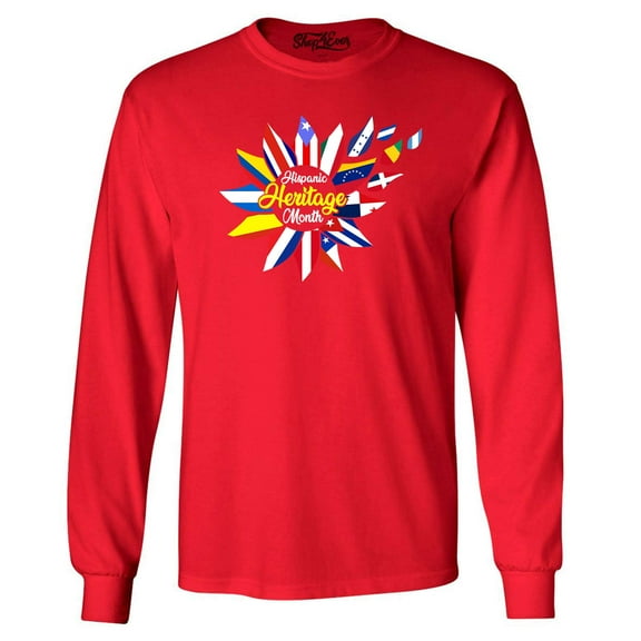 Shop4Ever Men's Hispanic Heritage Month Flag Flower Long Sleeve Shirt Large Red