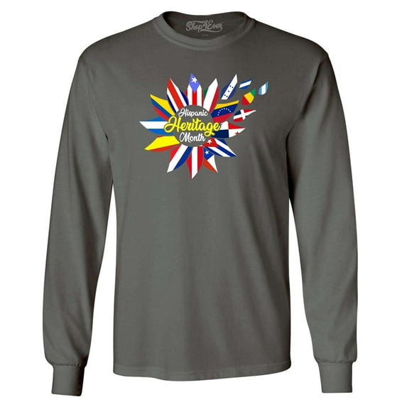 Shop4Ever Men's Hispanic Heritage Month Flag Flower Long Sleeve Shirt Medium Charcoal