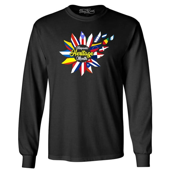 Shop4Ever Men's Hispanic Heritage Month Flag Flower Long Sleeve Shirt Small Black