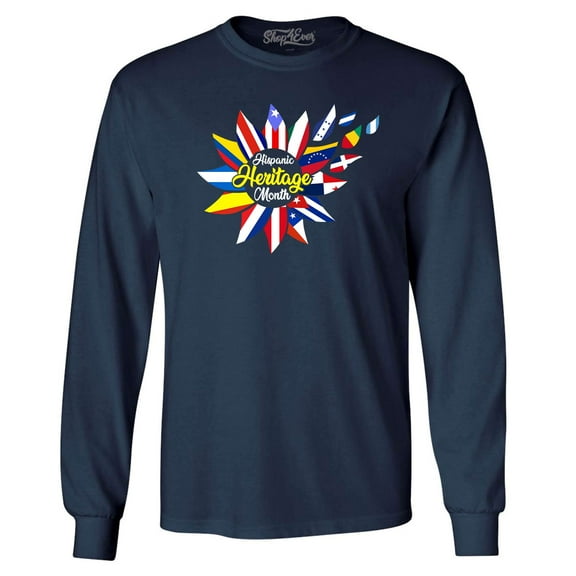 Shop4Ever Men's Hispanic Heritage Month Flag Flower Long Sleeve Shirt Small Navy