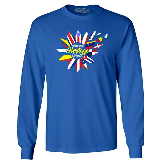 Shop4Ever Men's Hispanic Heritage Month Flag Flower Long Sleeve Shirt X-Large Royal Blue
