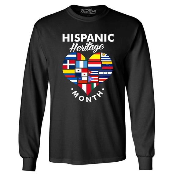 Shop4Ever Men's Hispanic Heritage Month Flag Heart Long Sleeve Shirt Small Black