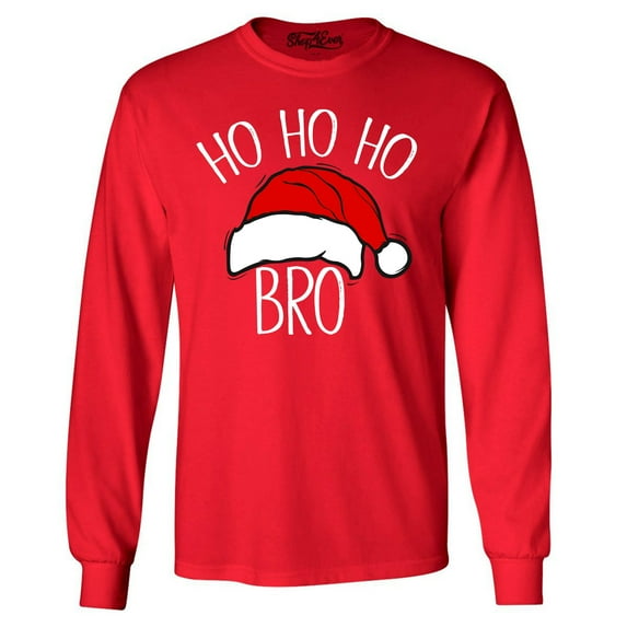 Shop4Ever Men's Ho Ho Ho Bro Santa Claus Hat Christmas Xmas Long Sleeve Shirt Medium Red