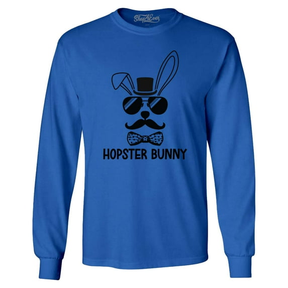 Shop4Ever Men's Hopster Bunny Funny Easter Hipster Rabbit Long Sleeve Shirt XX-Large Royal Blue
