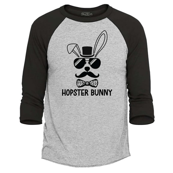 Shop4Ever Men's Hopster Bunny Funny Easter Hipster Rabbit Raglan Baseball Shirt Large Heather Grey/Black