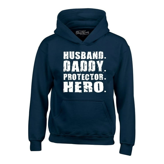 Shop4Ever Men's Husband. Daddy. Protector. Hero. Hooded Sweatshirt Hoodie Small Navy