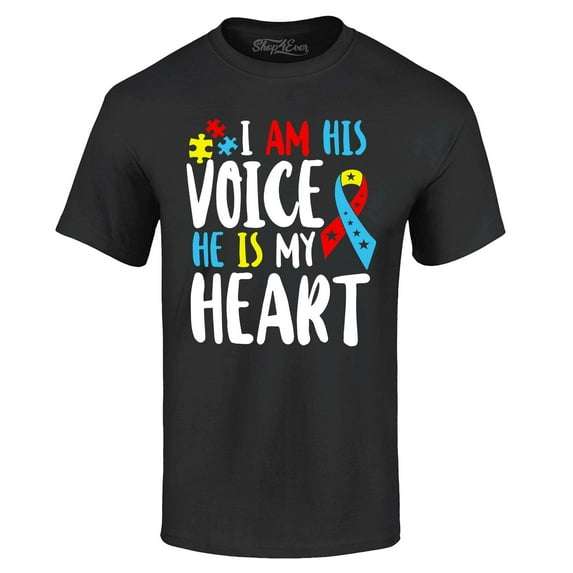 Shop4Ever Men's I Am His Voice He is My Heart Autism Awareness Graphic T-shirt XXXX-Large Black