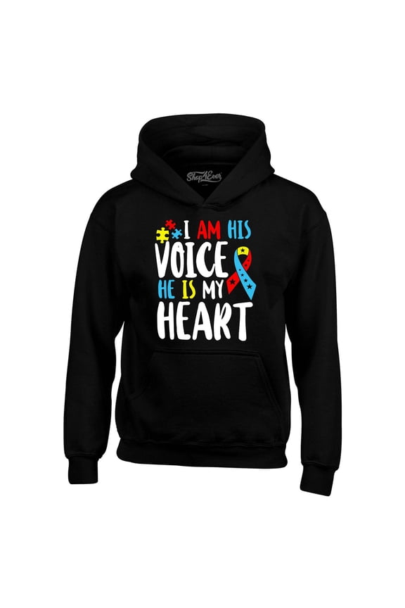 Men's I Am His Voice He is My Heart Autism Awareness Hooded Sweatshirt Hoodie XXXX-Large Black