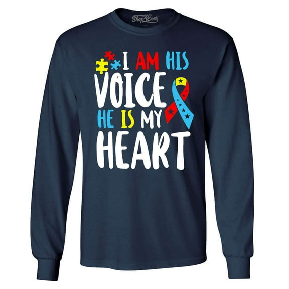 Shop4Ever Men's I Am His Voice He is My Heart Autism Awareness Long Sleeve Shirt Small Navy