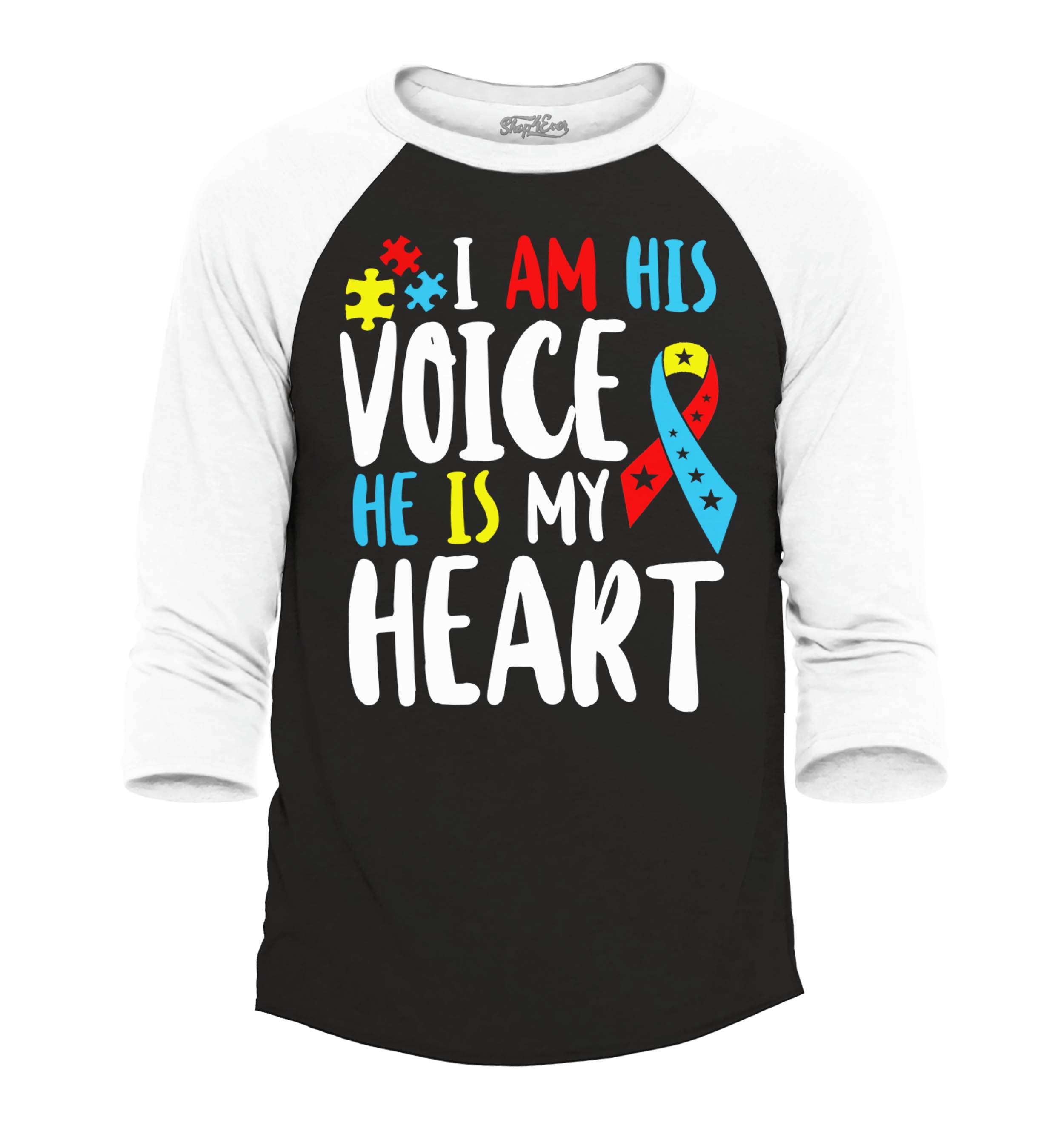 Shop4Ever Men's I Am His Voice He is My Heart Autism Awareness Raglan Baseball Shirt Large Black/White