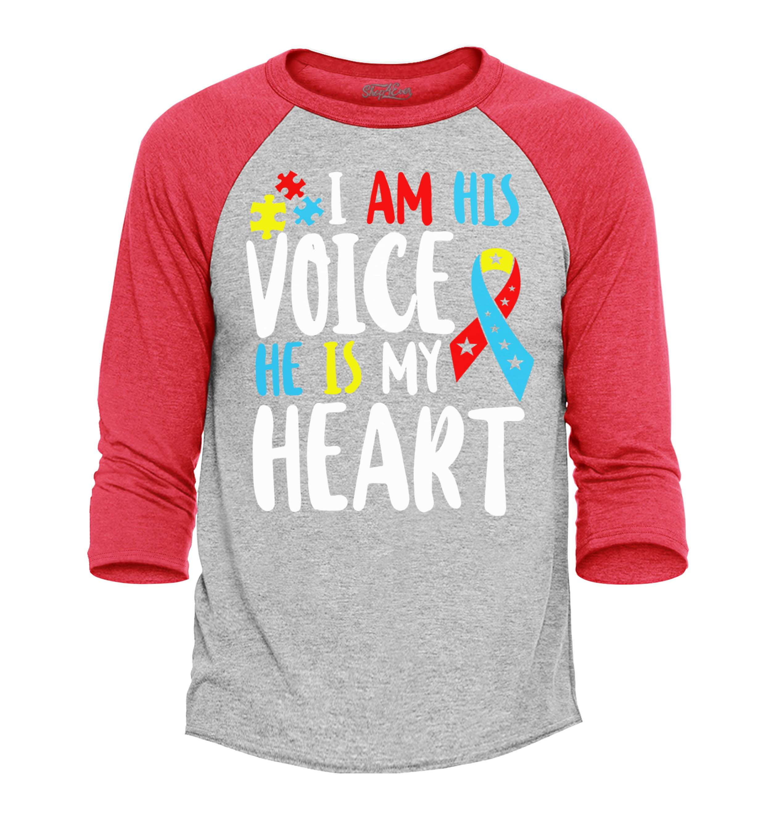 Shop4Ever Men's I Am His Voice He is My Heart Autism Awareness Raglan Baseball Shirt Medium Heather Grey/Red