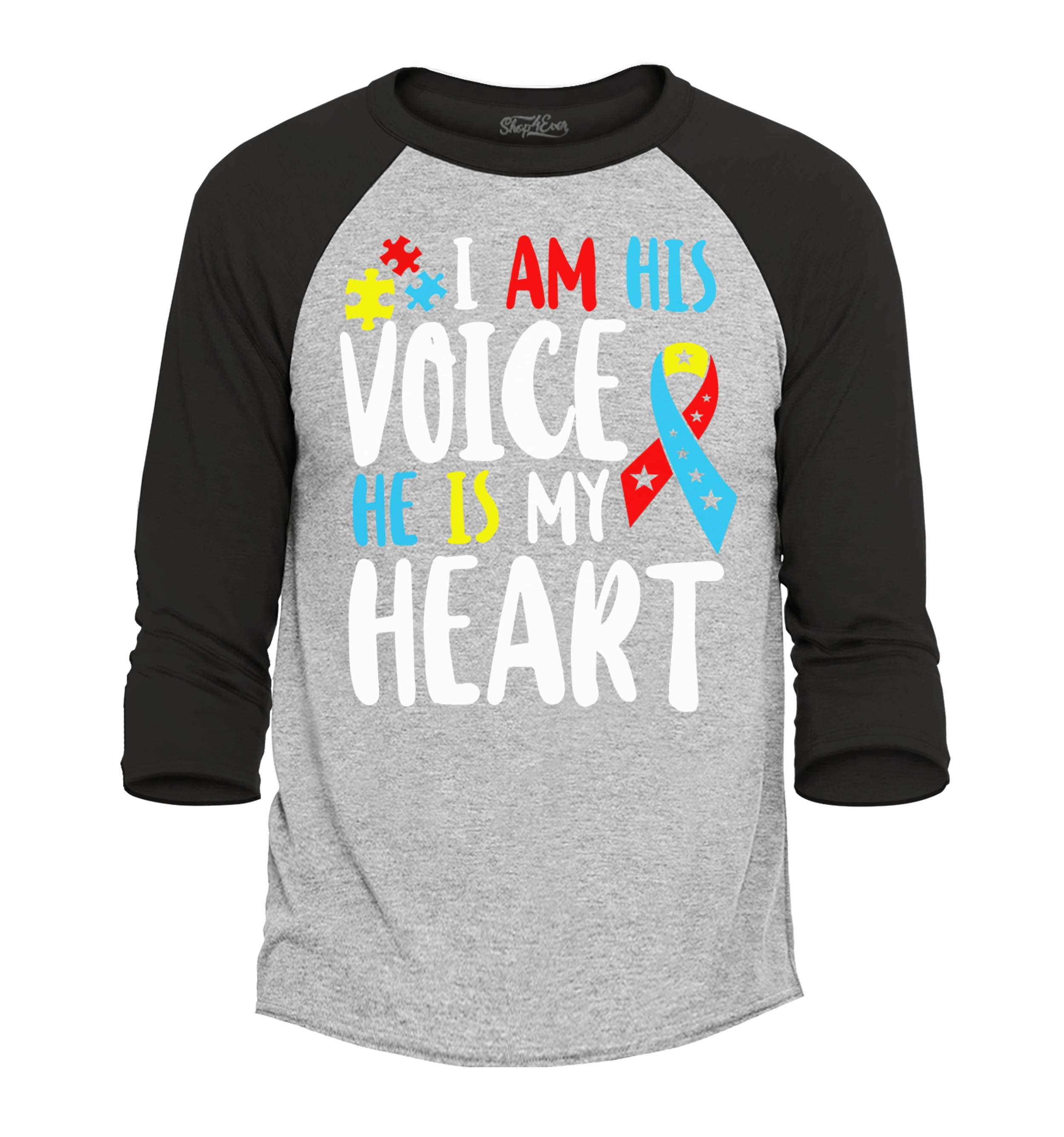 Shop4Ever Men's I Am His Voice He is My Heart Autism Awareness Raglan Baseball Shirt X-Small Heather Grey/Black