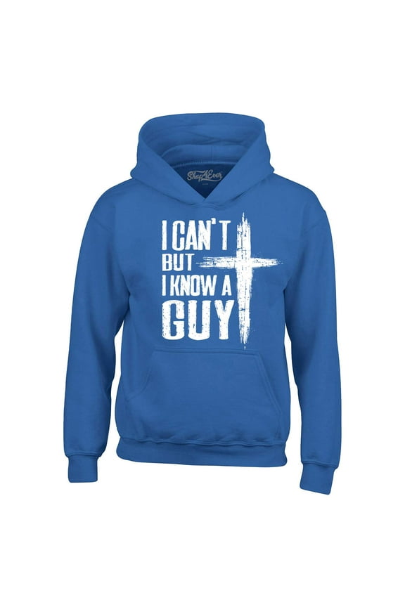 Men's I Can't but I Know a Guy Jesus Religious Hooded Sweatshirt Hoodie Large Royal Blue
