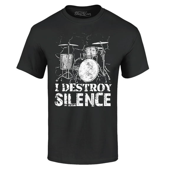 Shop4Ever Men's I Destroy Silence Drums Drummer Graphic T-shirt XXX-Large Black