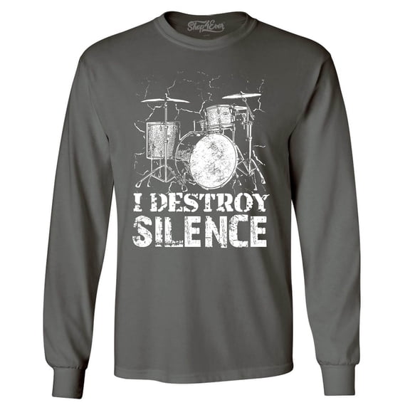 Shop4Ever Men's I Destroy Silence Drums Drummer Long Sleeve Shirt Large Charcoal