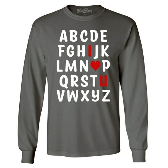 Shop4Ever Men's I Heart U ABC's Valentine's Day Love You Long Sleeve Shirt Small Charcoal