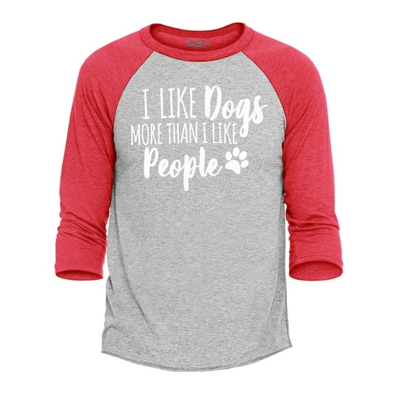 Shop4Ever Men's I Like Dogs More Than People Raglan Baseball Shirt Small Heather Grey/Red