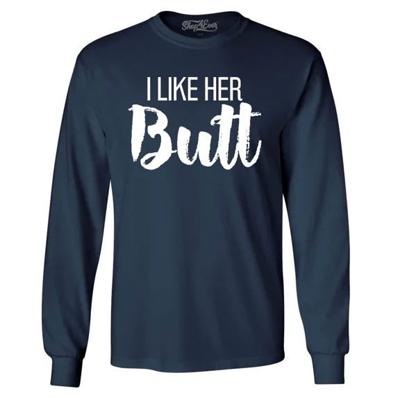 Shop4Ever Men's I Like Her Butt I Like His Beard Couples Matching Long Sleeve Shirt X-Large Navy