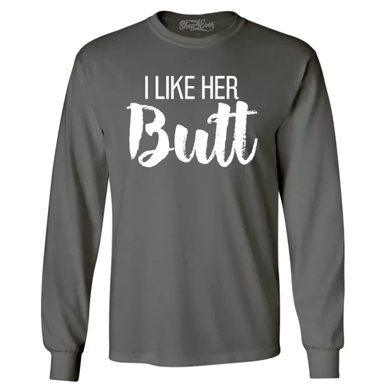 Shop4Ever Men's I Like Her Butt I Like His Beard Couples Matching Long Sleeve Shirt XX-Large Charcoal