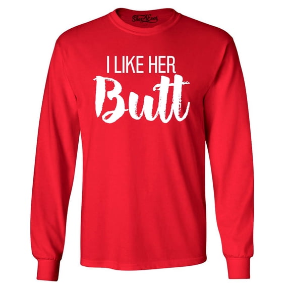 Shop4Ever Men's I Like Her Butt I Like His Beard Couples Matching Long Sleeve Shirt XXX-Large Red