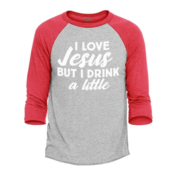 Shop4Ever Men's I Love Jesus but I Drink a Little Funny Christian Raglan Baseball Shirt X-Large Heather Grey/Red