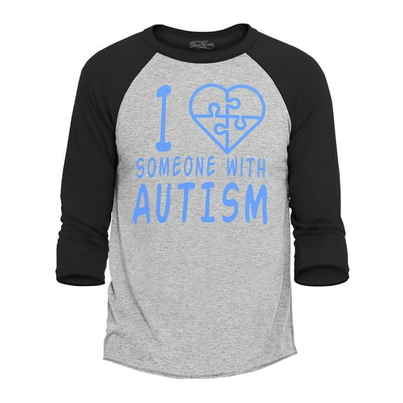 Shop4Ever Men's I Love Someone With Autism Puzzle Raglan Baseball Shirt X-Large Heather Grey/Black