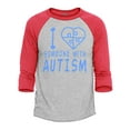 thumbnail image 1 of Shop4Ever Men's I Love Someone With Autism Puzzle Raglan Baseball Shirt X-Large Heather Grey/Red, 1 of 4