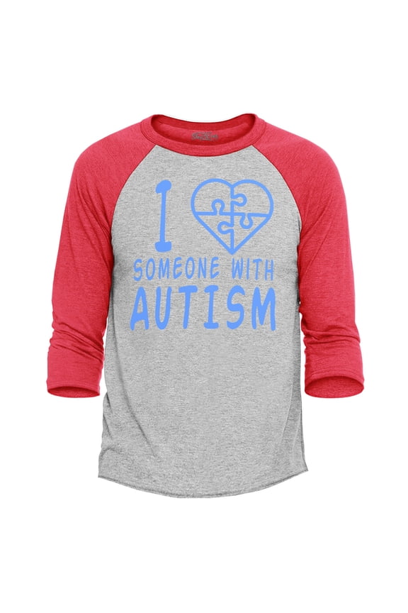 Men's I Love Someone With Autism Puzzle Raglan Baseball Shirt XX-Large Heather Grey/Red