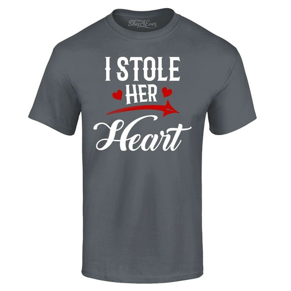 Shop4Ever Men's I Stole Her Heart Couples Matching Valentine Graphic T-shirt Large Charcoal