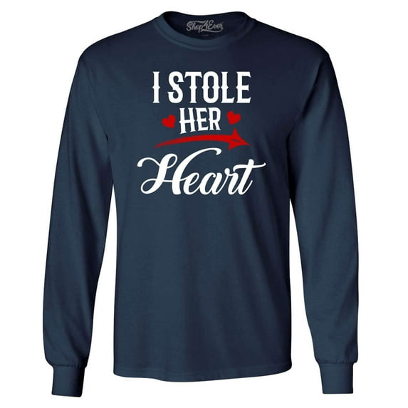Shop4Ever Men's I Stole Her Heart Couples Matching Valentine Long Sleeve Shirt X-Large Navy